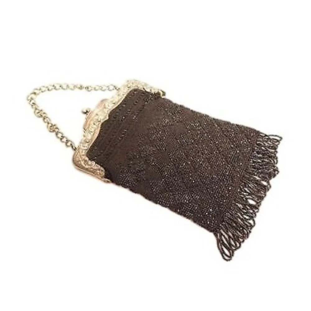 ANTIQUE ART NOUVEAU‎ FLORAL FRENCH STEEL? BLACK MICRO BEAD CHATELAINE PURSE